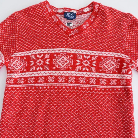 Vintage 90's Cherokee Red  & Cream Snowflake 30% Wool Knit V-Neck Sweater L - Picture 8 of 12